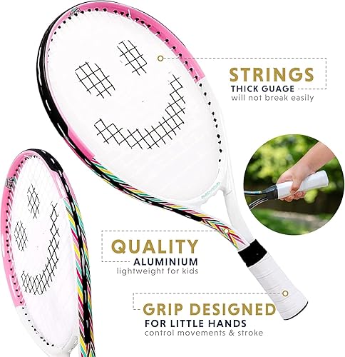 Miniatura 8 de Raqueta de tenis para niños con videos de entrenamiento, raqueta de tenis juvenil de aluminio con mango de neopreno para niños de 5 a 12 años,