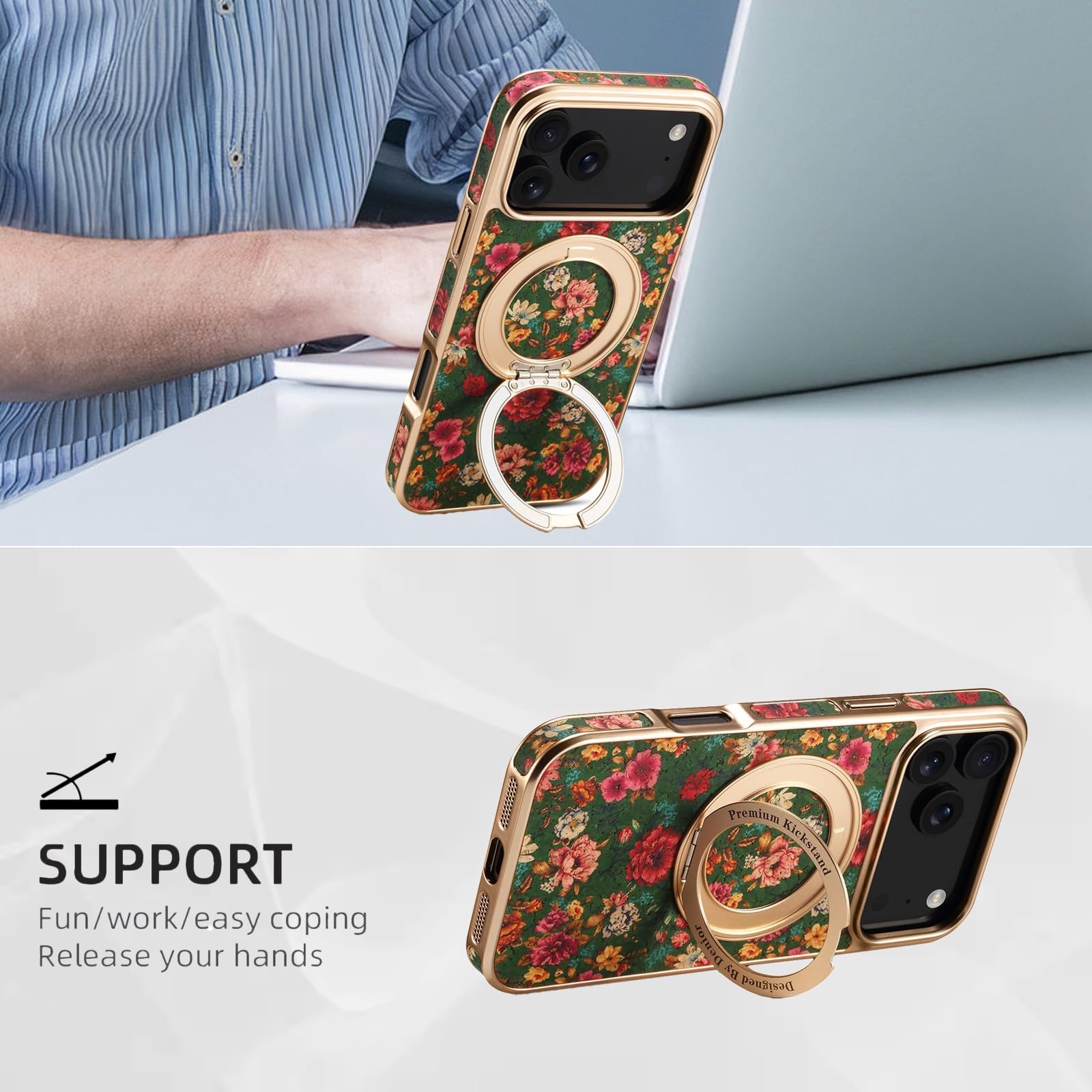 Generic Étui compatible avec Apple iPhone 14 Pro (couleur : rouge) étui rigide en cuir avec anneau en métal et fleur de luxe