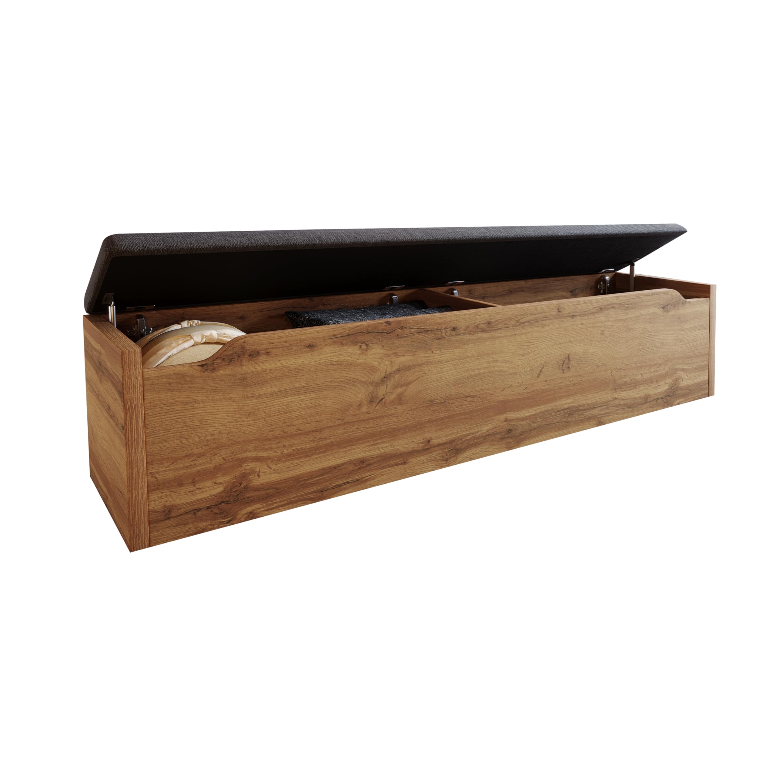 ZYLOYAL10 Doppelbett Polsterbett 180×200, Bettanlage mit Leselampe und U-S-B C Nachttisch und Sitzbank mit Stauraum, Bettgestell mit Lattenrost aus Metall, Holz und Leinen, Eiche(Ohne Matratze)