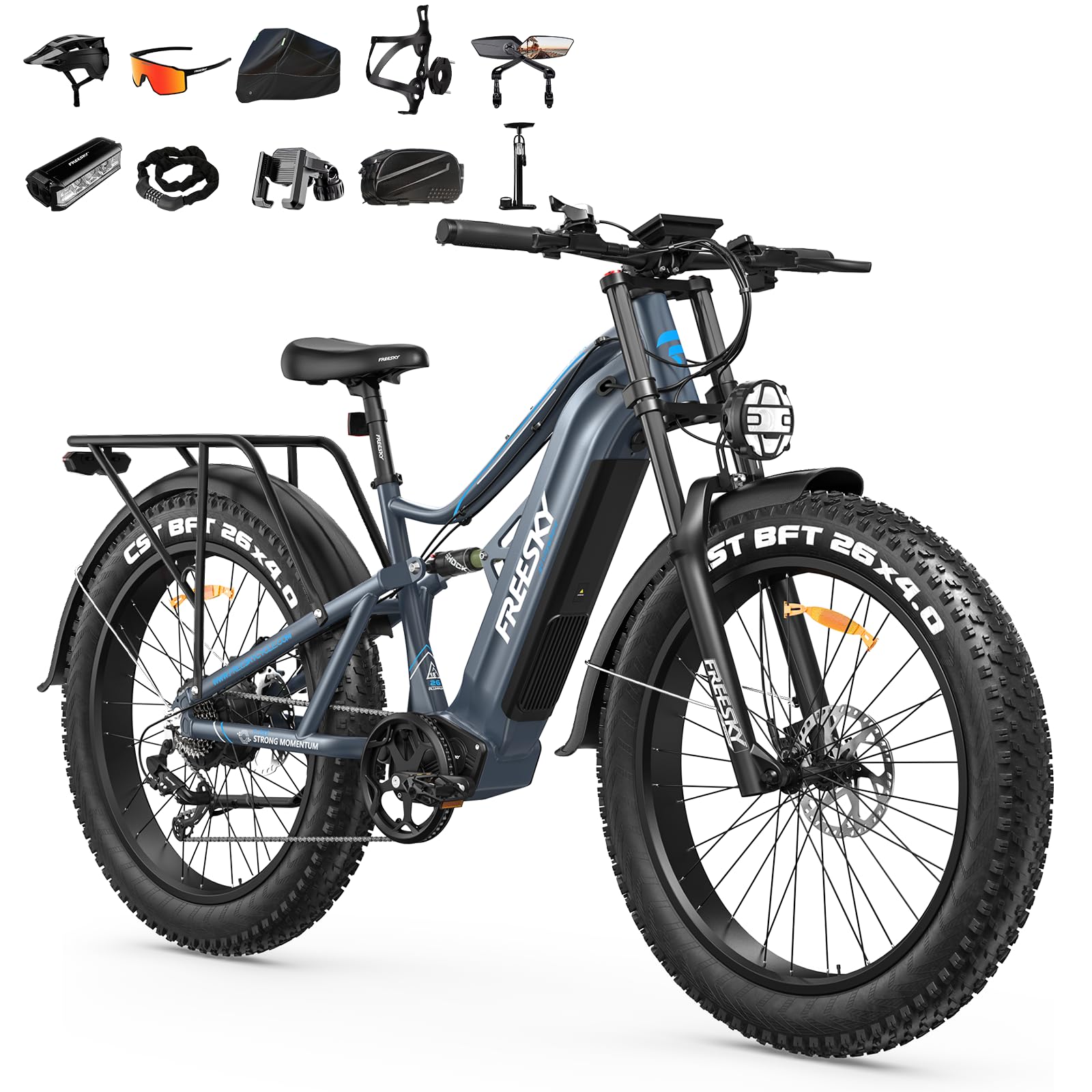 FREESKY 2500W BAFANG Motor Electric Bike for Adults, 48V 30Ah Samsung Cells Battery Ebike 120 Miles, 38+MPH, 26" Fat Tire Dirt All-Terrain Mountain E Bike, Full Suspension, UL 2849 Certified by TÜV