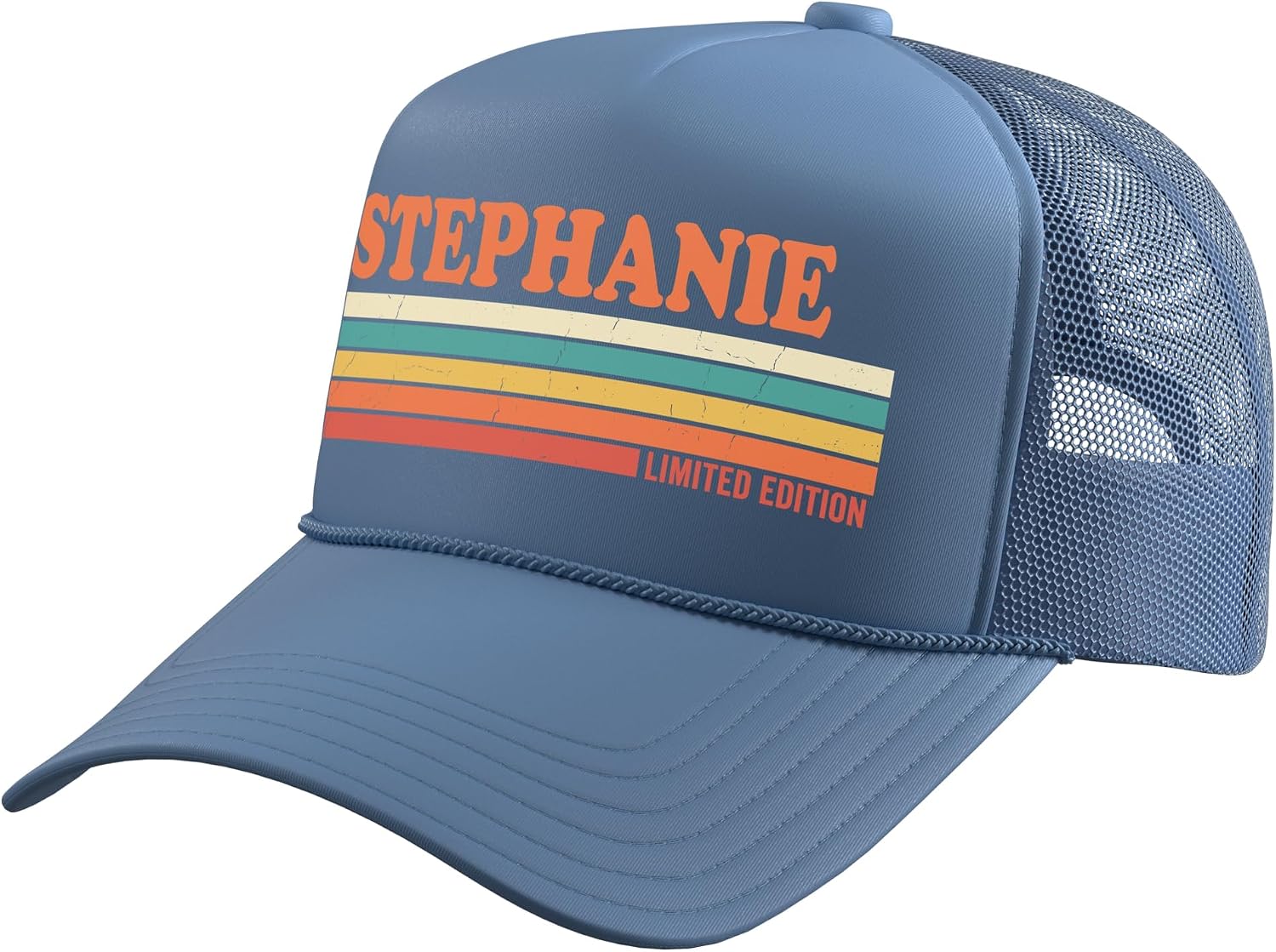 Stephanie Retro Personalized First Name Vintage Stripes Trucker Hat with Adjustable Mesh Back