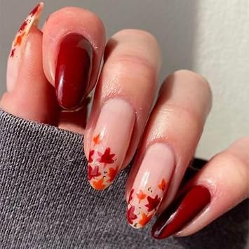 24Pcs Maple Leaf French Tip Press on Nails Thanksgiving Fall Glue on Nails Almond Medium Length Fake Nails with Designs Glossy Full Cover False Nails Autumn Manicure Decorations for Women Girls