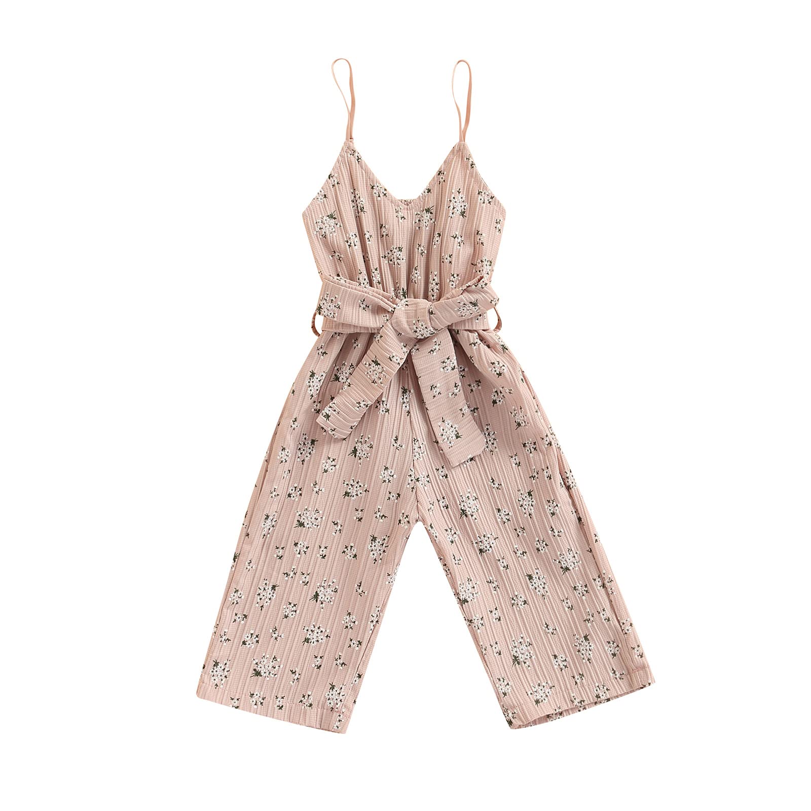Toddler Baby Girl Floral Jumpsuits Summer Ruffle Straps Suspender Off Shoulder V Neck Wide Leg Overalls Outfit (with Belt Pink,4-5T)