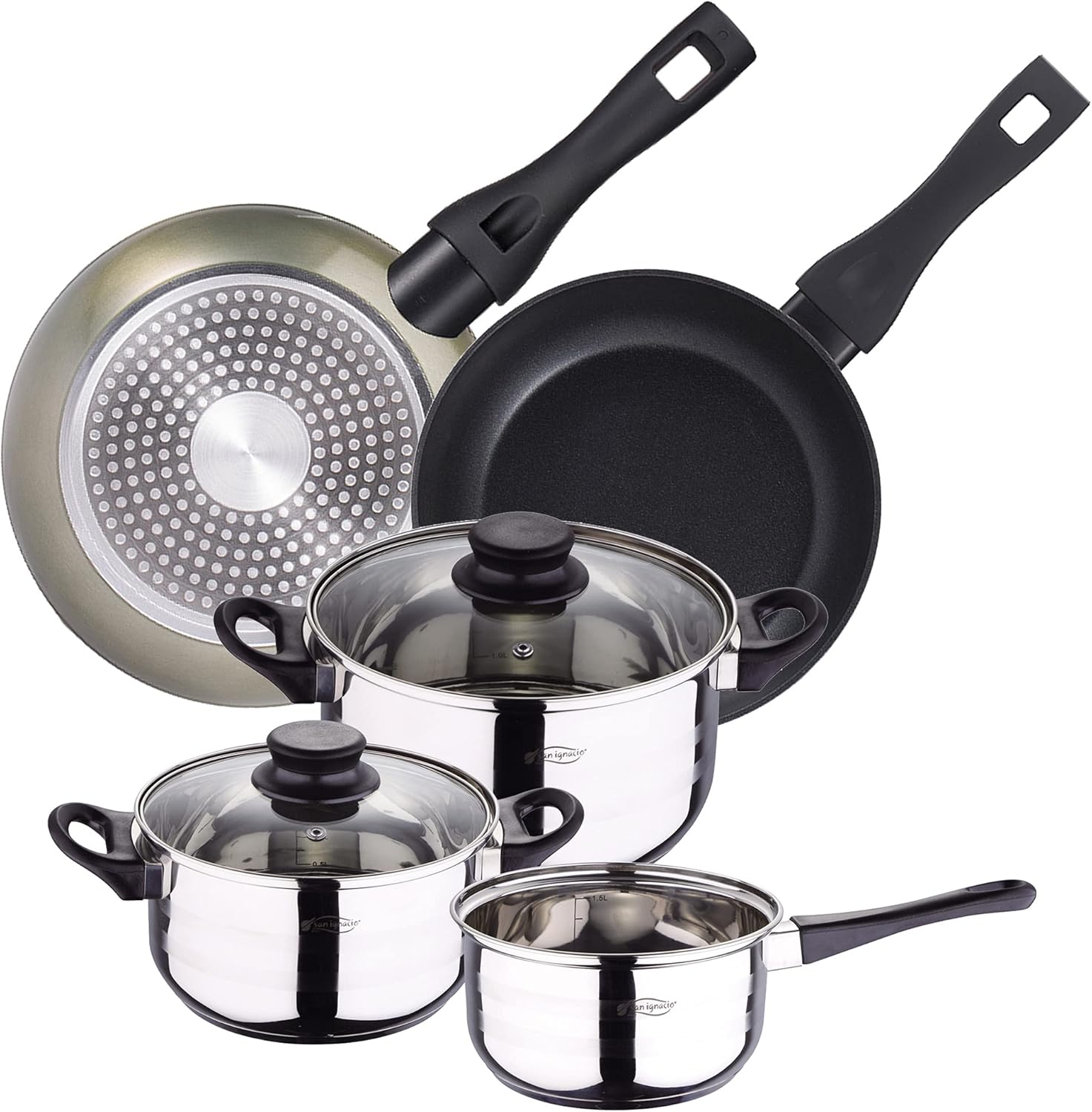 San Ignacio 5-Piece Stainless Steel Cookware Set with Green Neon Frying Pan Set (22 and 26 cm) in Forged Aluminium Suitable for Induction