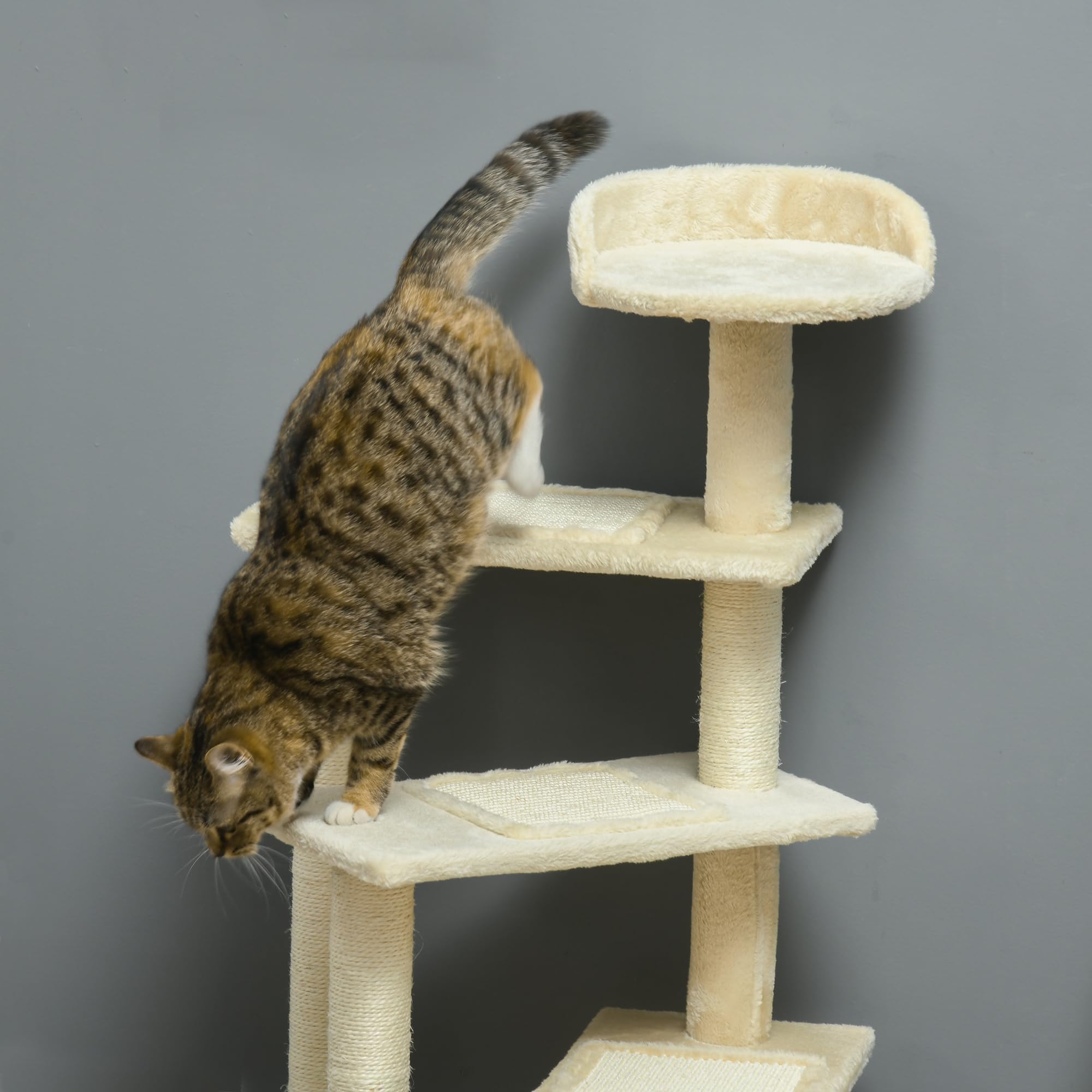 PawHut Árbol para Gato Rascador Poste para Arañar con Cama Plataforma con Manta de Sisal 50x50x100cm Terciopelo Beige | Grande, para Arañar, Cama, Manta de Sisal, Terciopelo