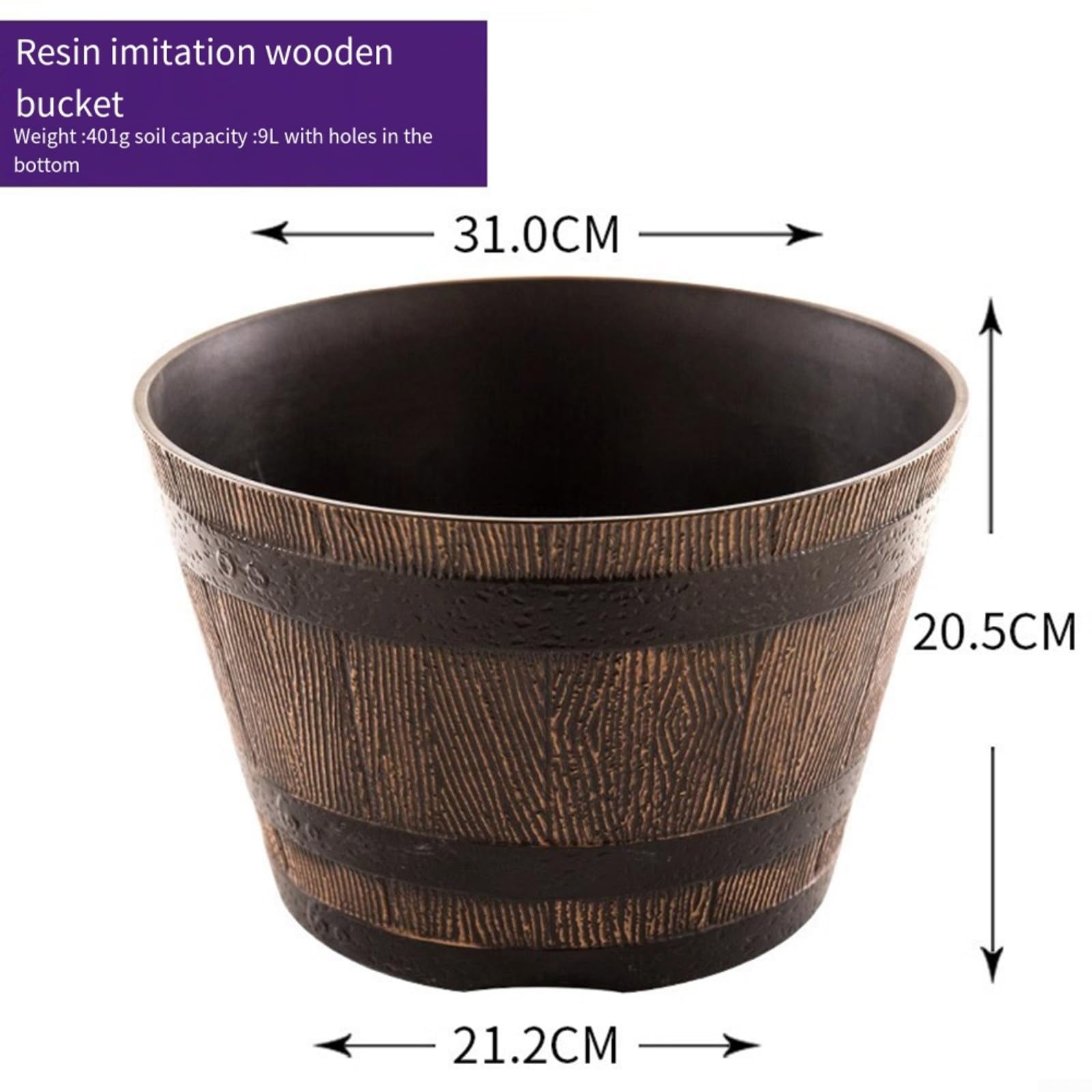 Pot de fleurs rond en résine, seau à whisky en imitation bois pour plantes grasses, herbes, fougères, jardin, terrasse, intérieur et extérieur, 31 cm (31 cm avec trous)