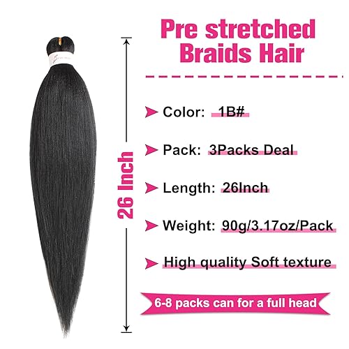 Miniatura 2 de Unionbeauty - Cabello trenzado preestirado de 26 pulgadas, paquete de 3 paquetes para trenzas de caja bohemia, textura Yaki negra, ajuste de agua