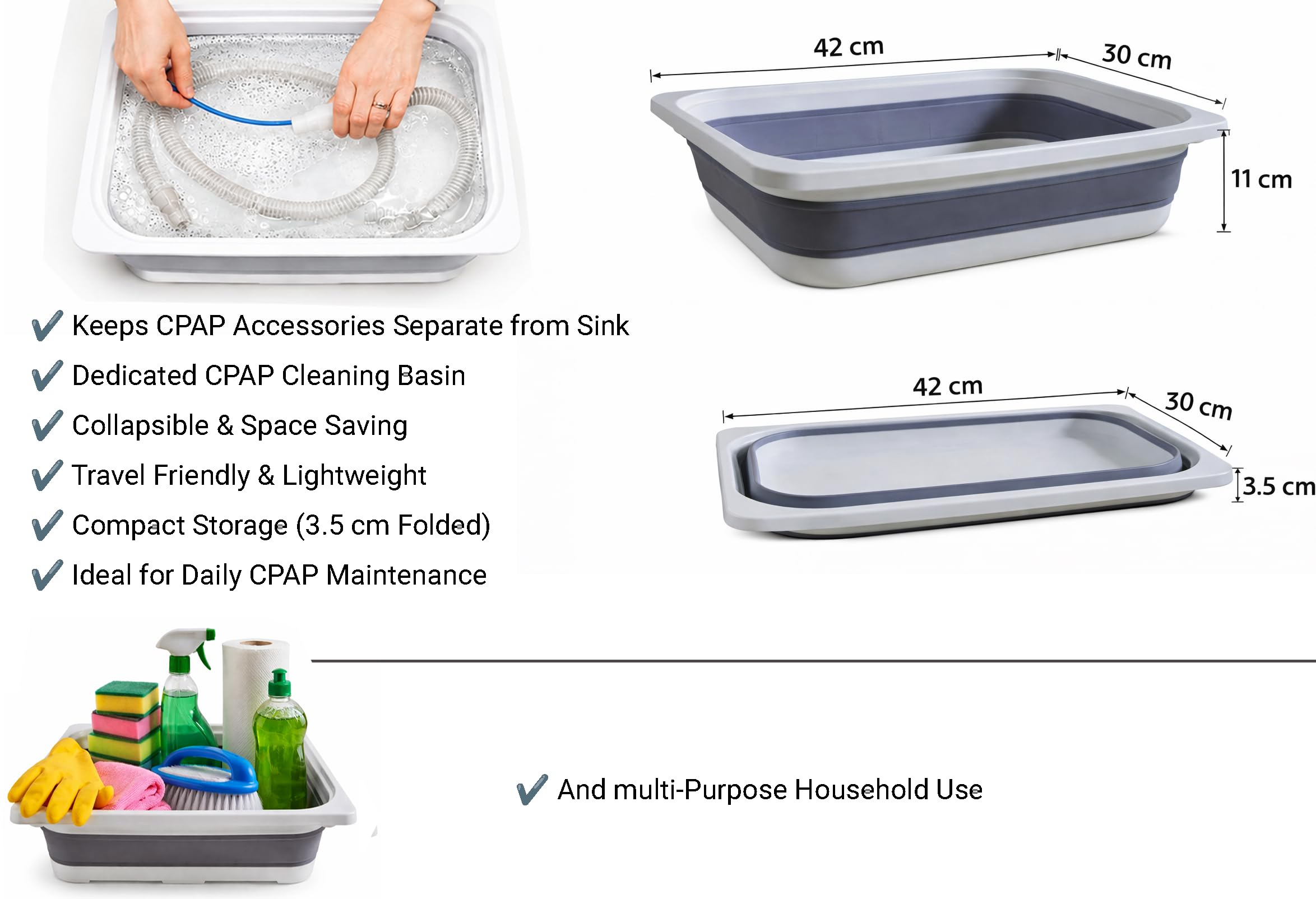 AVEEN CPAP & BiPAP zestaw do czyszczenia, szczotka do czyszczenia węża ze składaną miską do mycia i hakiem do suszenia węża, akcesoria do węży i masek CPAP