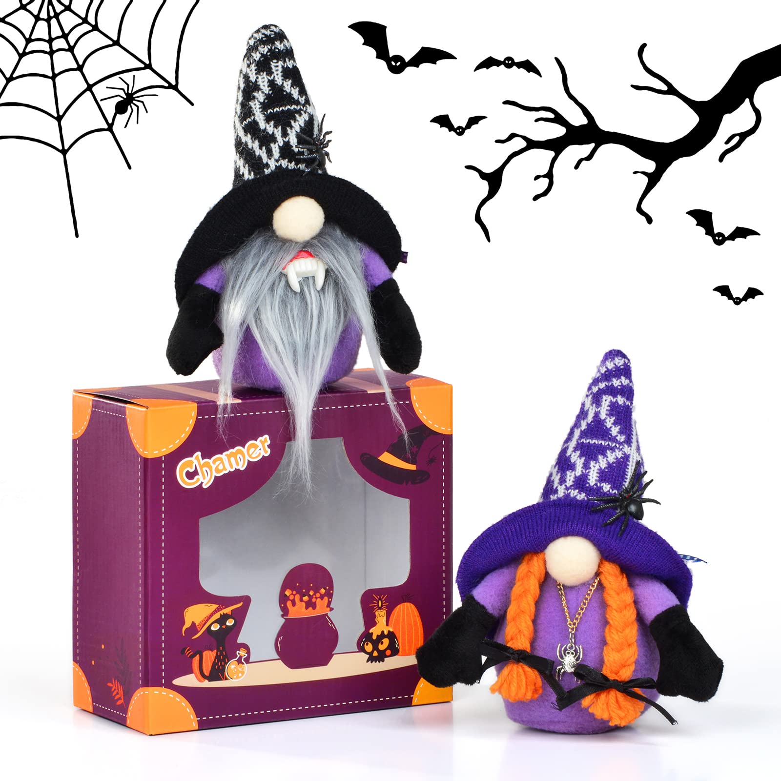 Halloween Witch Gnome Plush Halloween Ornament with Spider Bat Ornament Scandinavian Tomte Doll Elf Halloween Gnome Ornament Indoor Home Party Toy