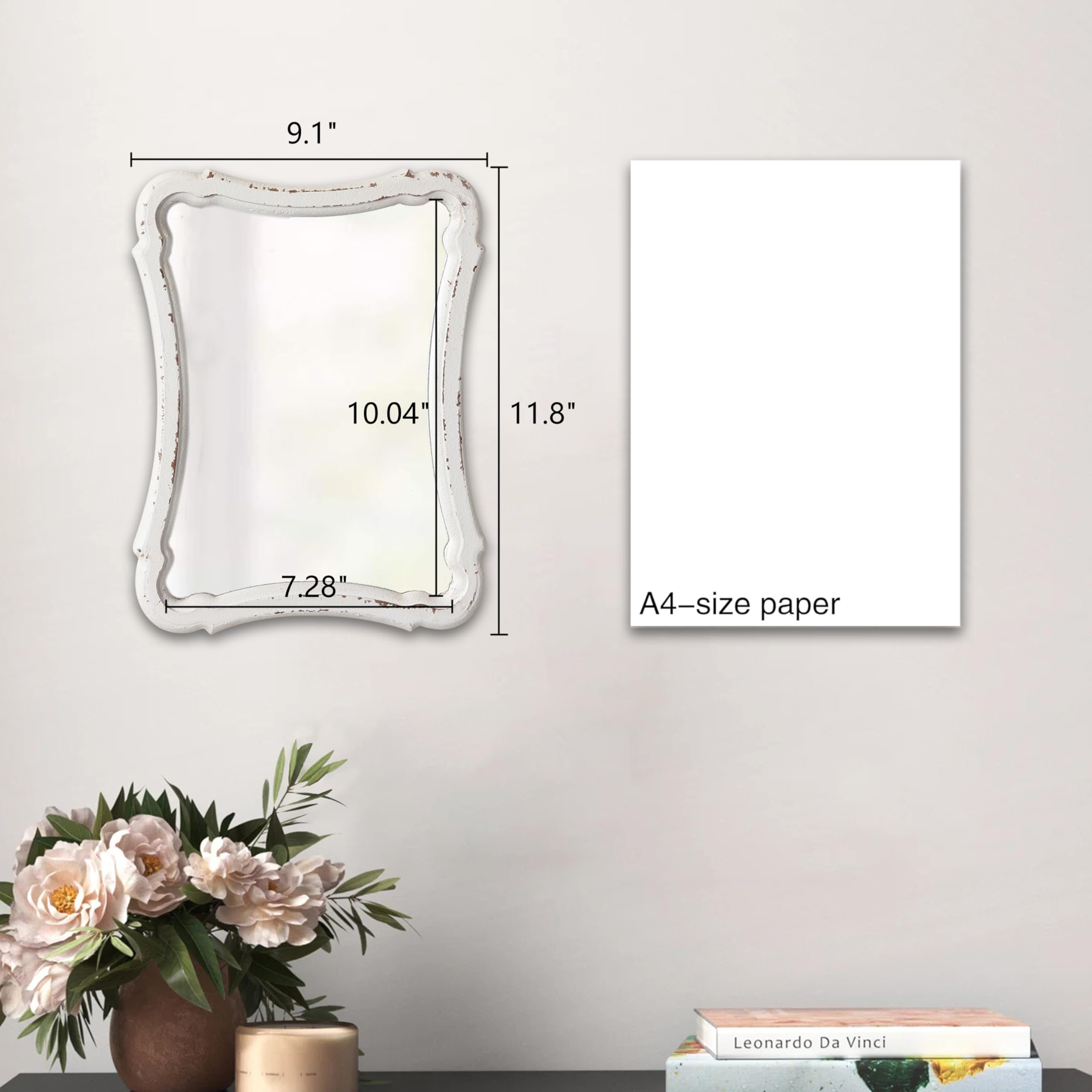 Espejo de pared pequeño con marco de madera rústica, 12 x 9 pulgadas, espejo decorativo vintage blanco envejecido hecho a mano, espejos de baño de granja para tocador, espejos esculpidos 2