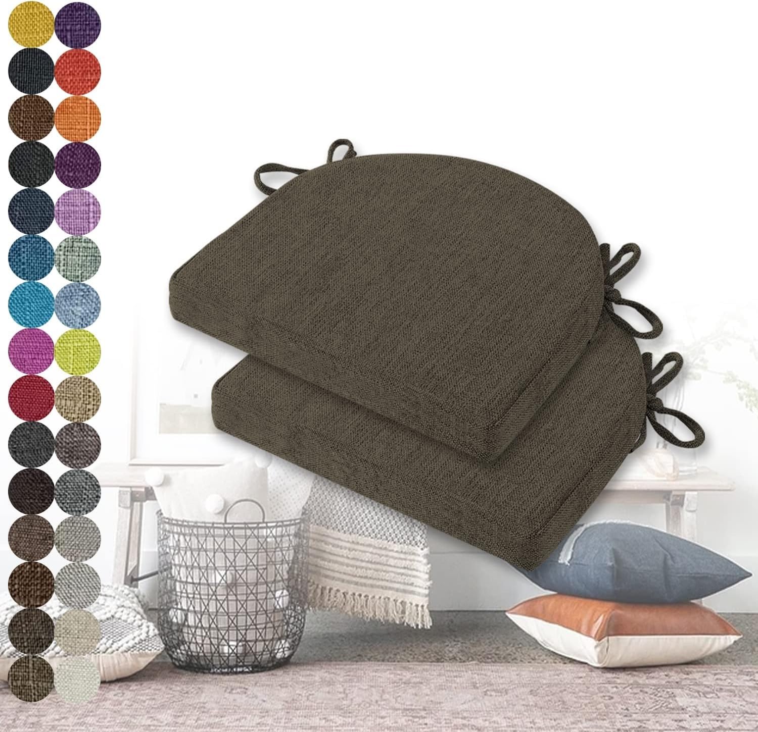 Lot de 2 coussins de chaise antidérapants en forme de U avec attaches, confortables et lavables, pour la maison et le jardin, 40 x 38 x 3 cm, idéal pour salle à manger et utilisation en extérieur