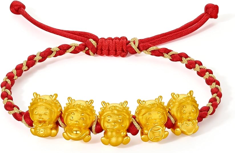 24K Solid Gold Bracelet Five Snake Dragon Pure Gold Charm Red Braided Bracelet Cute Animal Jewelry for Women Mom Daughter Birthday New Year 6.3-8.7"(16+6cm)