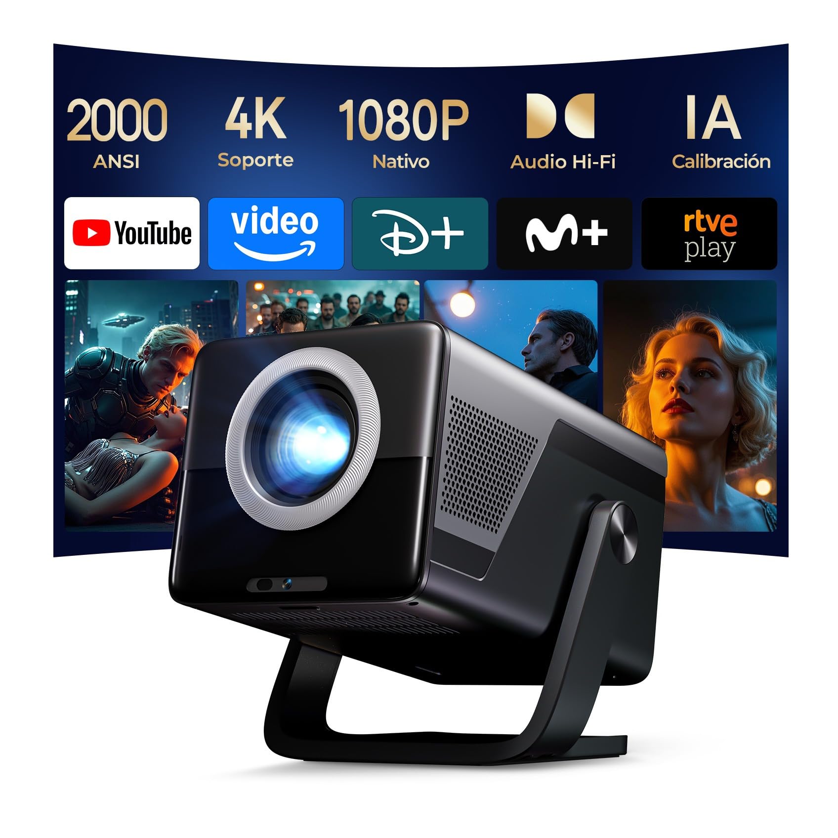 [2000 ANSI] Proyector Inteligente 1080P Nativo - Soporte 4K, Android 14 | Proyector Portátil, Calibración Visual IA, Enfoque y Corrección Automáticos, Audio Hi-Res, WiFi 6, Bluetooth 5.4, LYNCAST X7