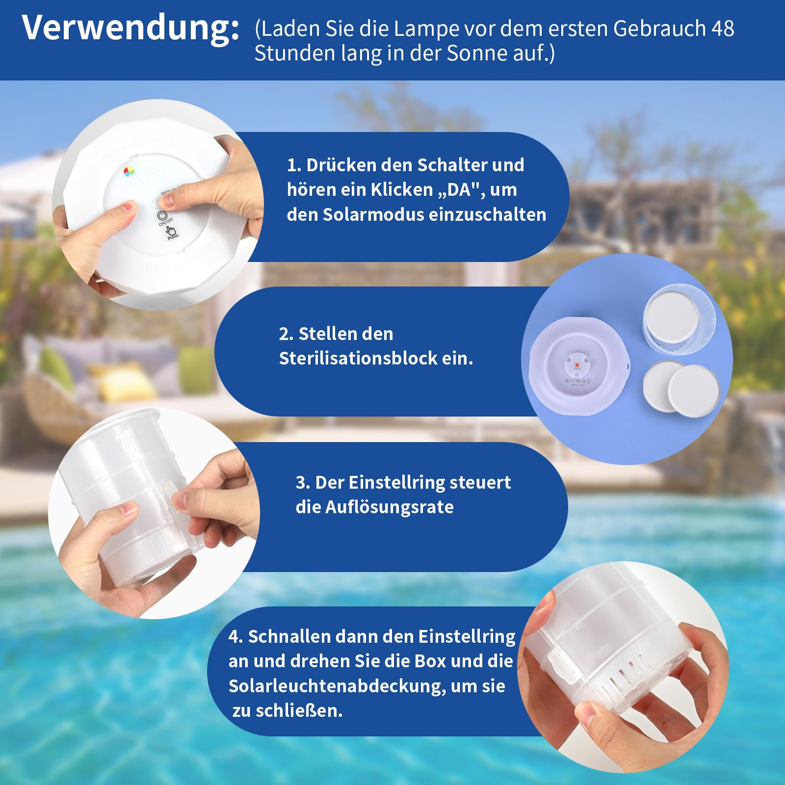 Czemo Dispensador Cloro Piscina con Luz Solar LED, Dosificador de Cloro Flotante con Termómetro Flotador de Piscina para Pastillas de Cloro con Anillo de Ajuste de Capacidad