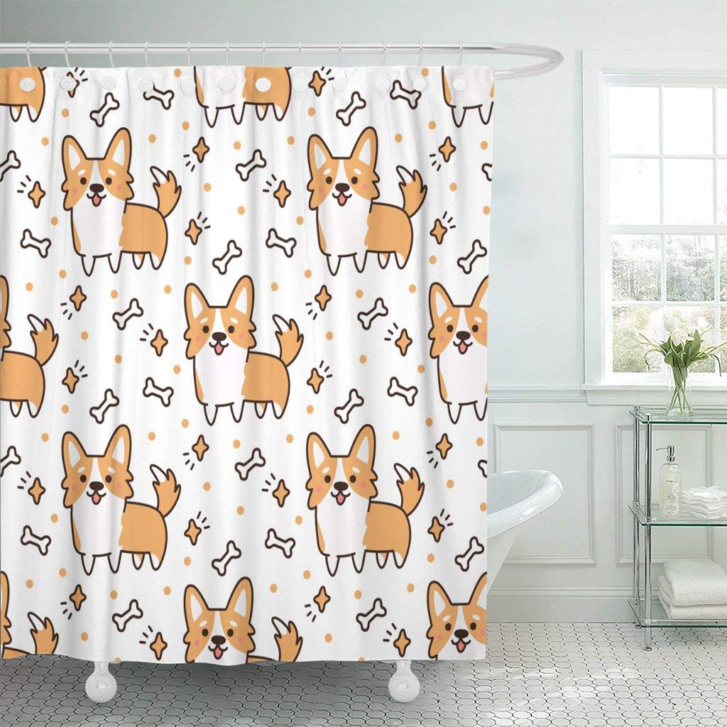 JOOCAR Design Shower Curtain, Cute Pattern Dog Breed Welsh Corgi on Hearts Stars, Waterproof Cloth Fabric Bathroom Decor Set with Hooks