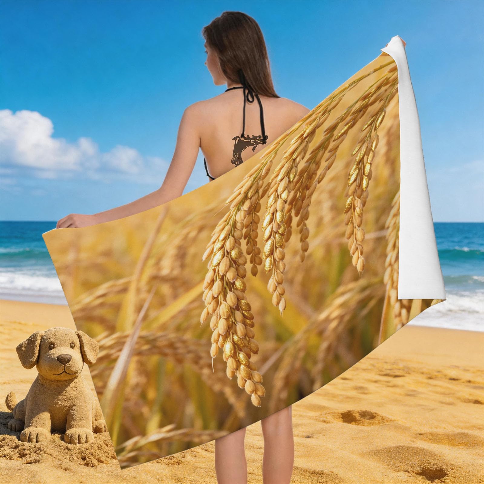 Leichong 3D Rice Beach Towel Large Microfiber Soft Quick Dry for Adults, Farm Bath Towel Lightweight Soft Absorbent for Travel Swimming Pool Sports, 80 x 160 cm