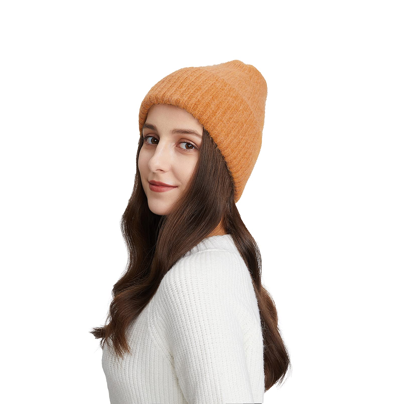 BeFur Warm Beanie Cashmere Ladies Winter Knitted Light Stripe Wide-Brim Simple Woolen Hat Ginger