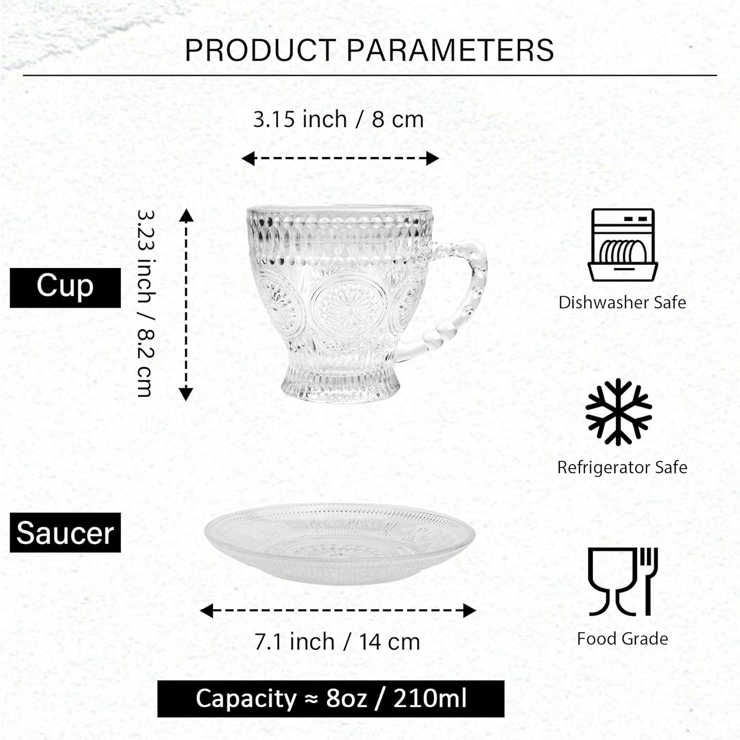 Glass Tea Cups and Saucers Set of 6 - Vintage Coffee Mugs -Teacups Set for Espresso Cappuccino Latte Tea - Dishwasher Microwave Safe (7OZ / 210ML) - Image 2