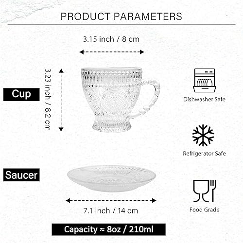 Miniatura 2 de Juego de 6 tazas de té y platillos de cristal, tazas de café vintage, juego de tazas de té para café expreso, capuchino, café con leche, apto para