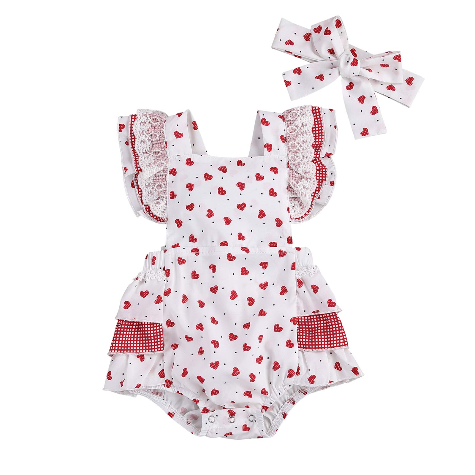 Baby Girl's Valentine's Day Romper Flutter Sleeve Backless Jumpsuit Heart Print Dress Outfit with Headband Set Sunsuit (White, 6-9 Months)