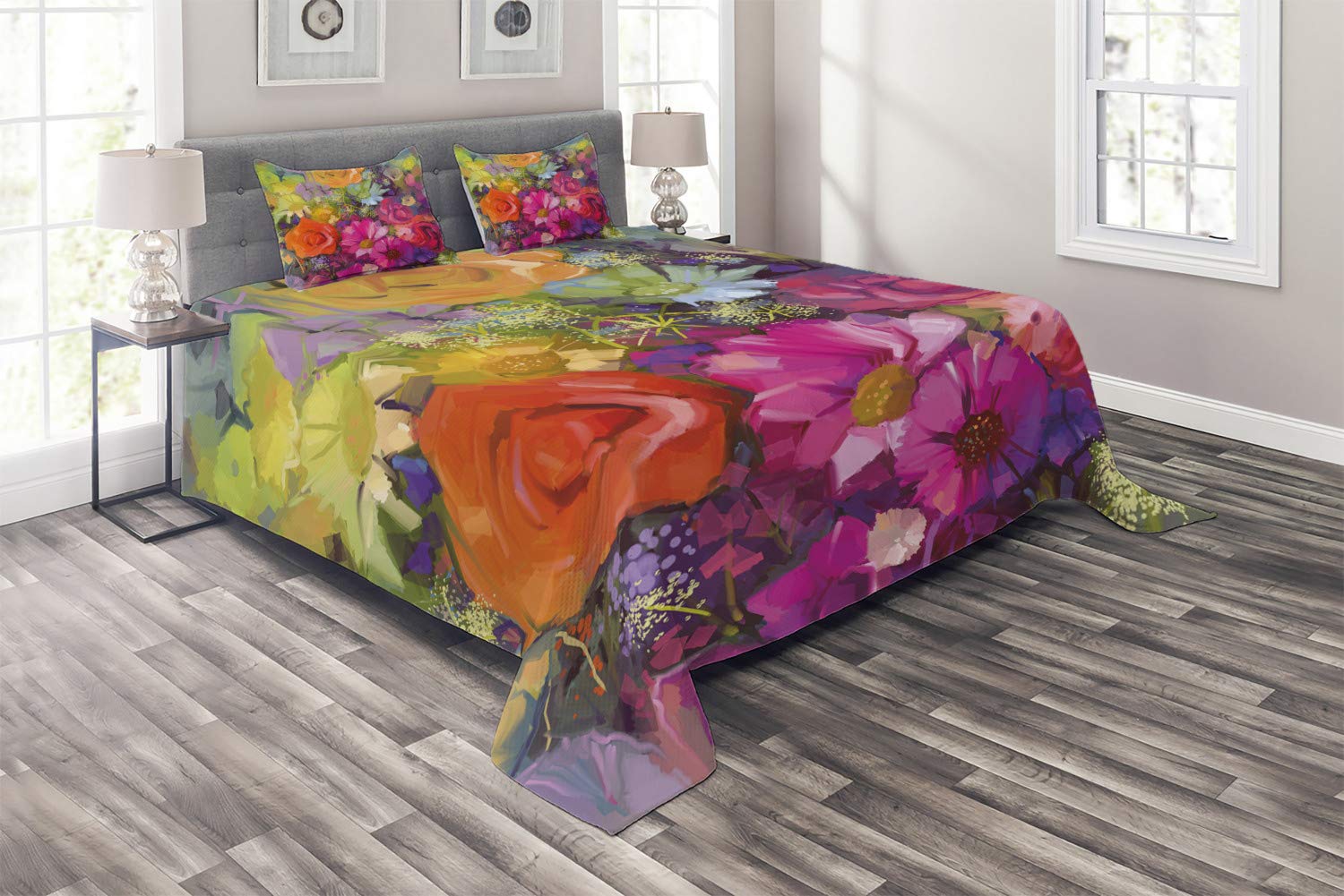 Ambesonne Floral Coverlet, Vibrant Flower Bouquet Daisy Peony Gerbera Petals Romantic Arrangement, 3 Piece Decorative Quilted Bedspread Set 2 Pillow Shams, Queen Size, Pale Fuchsia Multicolor