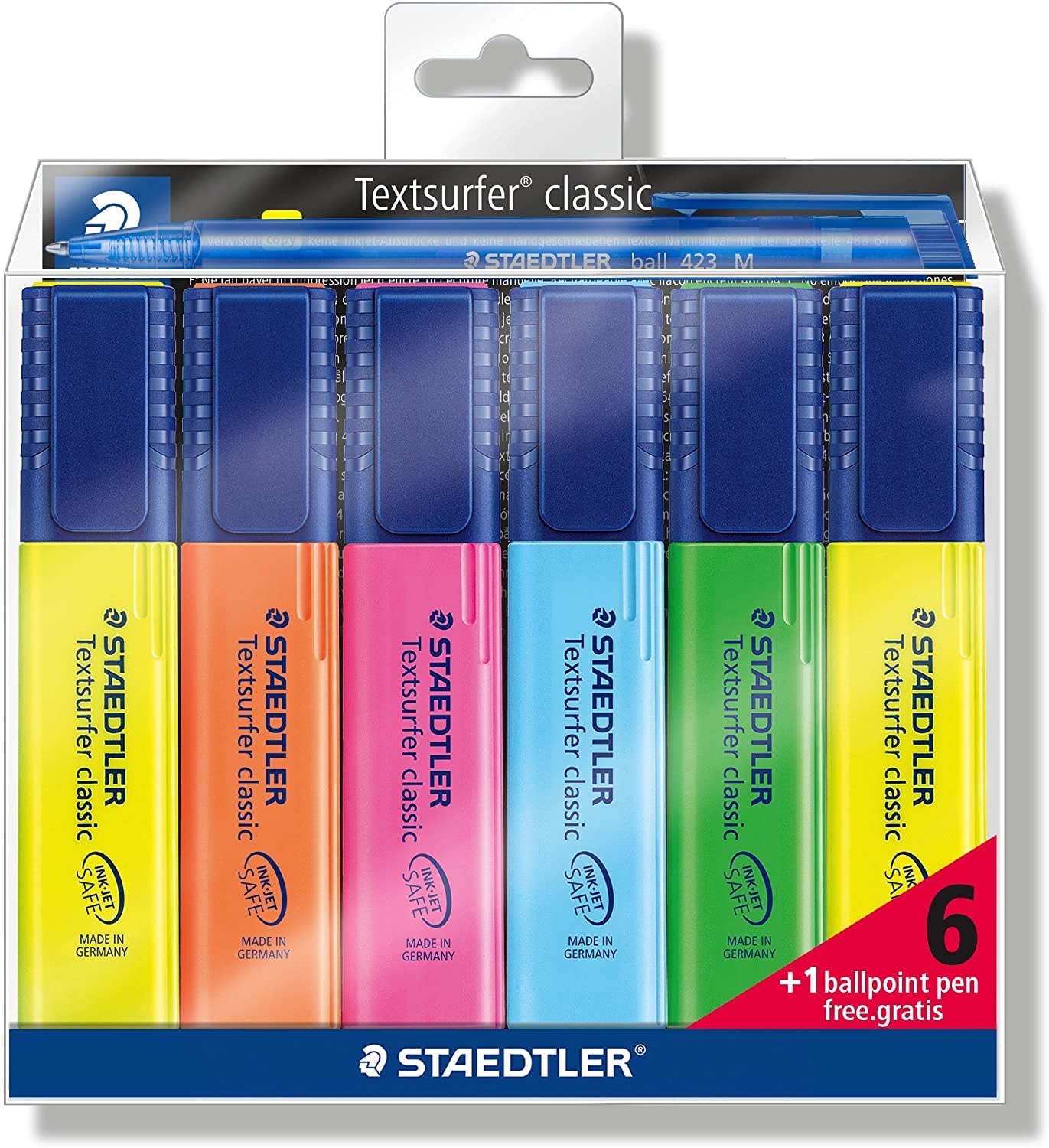 Staedtler 364 della s1wp6p evidenziatore testo Surfer Classic, High Lighter con ampia memoria inchiostro, Set con 6 colori di luce, Bonus Pack con 1 penna a sfera gratis