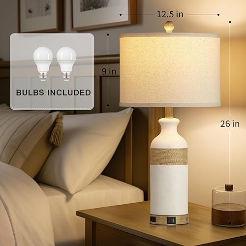 Miniatura 6 de Juego de 2 lámparas de mesa de ratán boho para dormitorio, mesita de noche de 26 pulgadas, con puertos USB C+A y salida de CA, control táctil