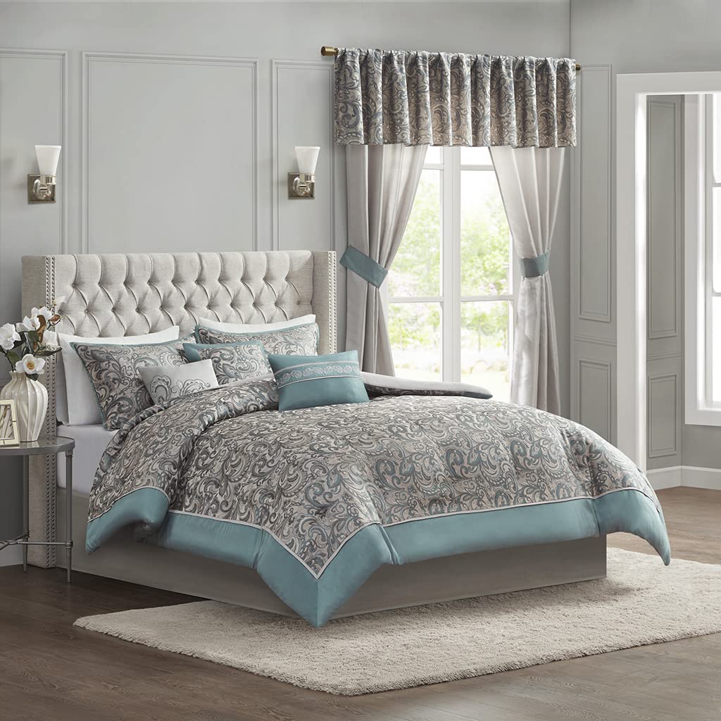 Photo 1 of Madison Park Essentials Tolan Comforter Set Faux Silk - Classic Luxurious Paisley Design, Lightweight All Season Bedding Layer, Shams, Decorative Pillow and Curtains, Valance, Queen, Teal 12 Piece Queen (90 in x 90 in) Teal Riab 12pcs