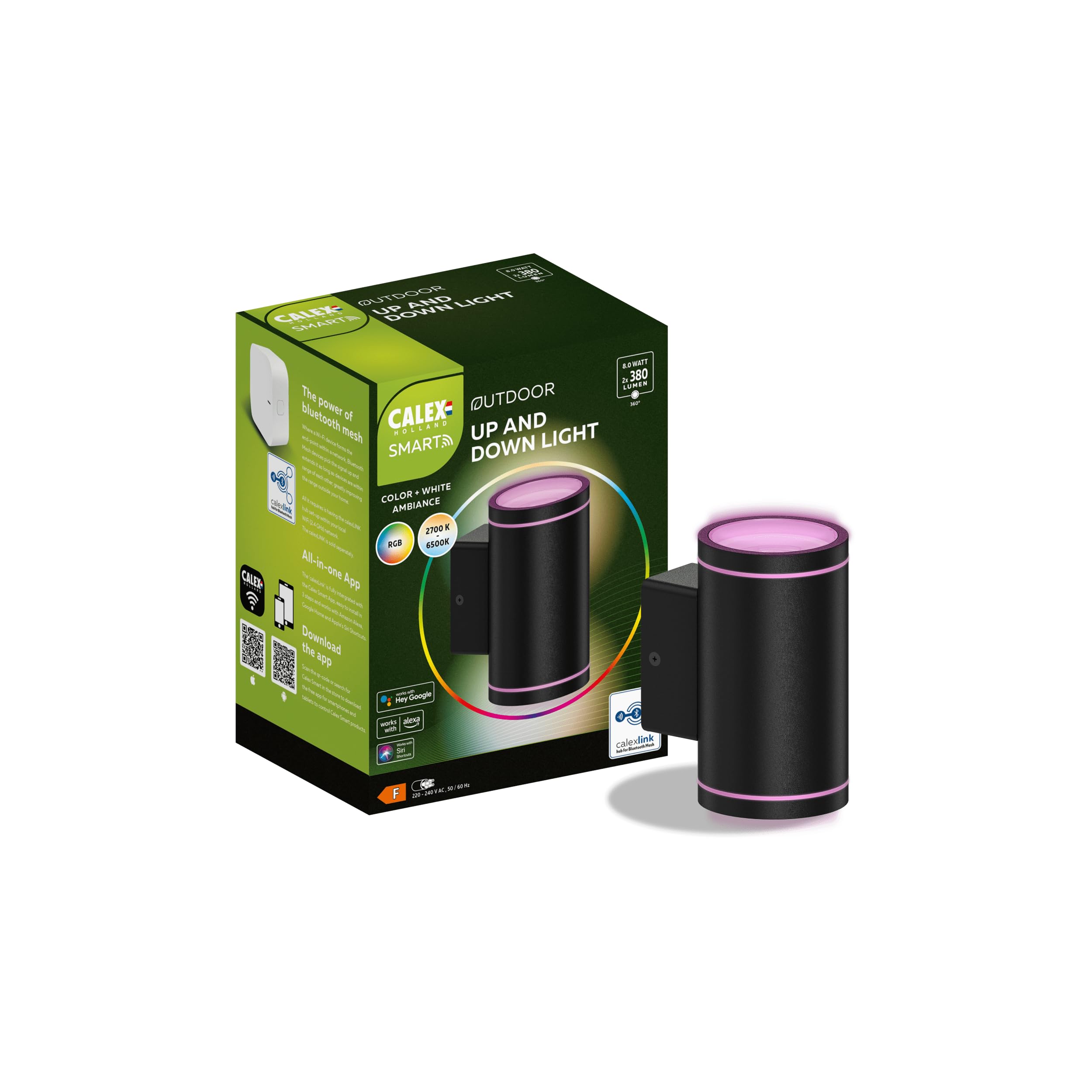 CALEX - Smart Outdoor Up & Down Wall Light, Smart App Control, RGB Color Changing, Works with Amazon Alexa and Google Home, Black
