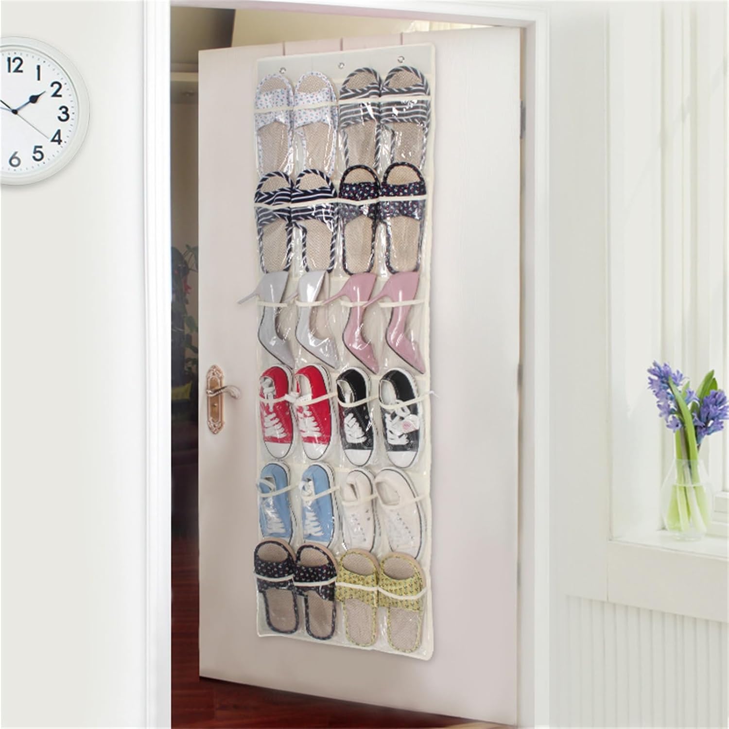 24 Clear Pockets Hanging Shoe Organizer Over The Door Shoe Rack For Closet Door Storage Shoe Holder Hanger(Beige), 145x45cm