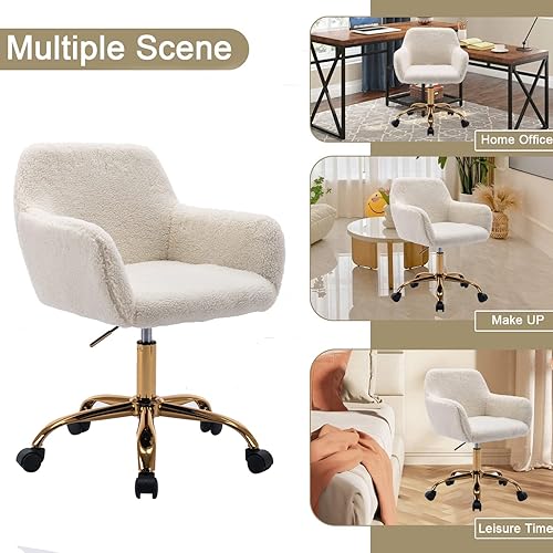Miniatura 6 de Goujxcy Silla de escritorio moderna de piel sintética, elegante silla de oficina blanca peluda para mujeres y niñas, silla giratoria de altura