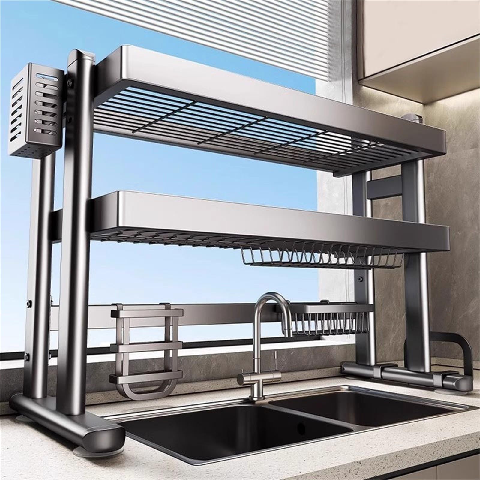 Lkvent dish drainer Over Sink Dish Drying Rack 2 Tier Dish Drying Rack Large Storage Kitchen Expandable Above Sink Organizer drying(75cm)
