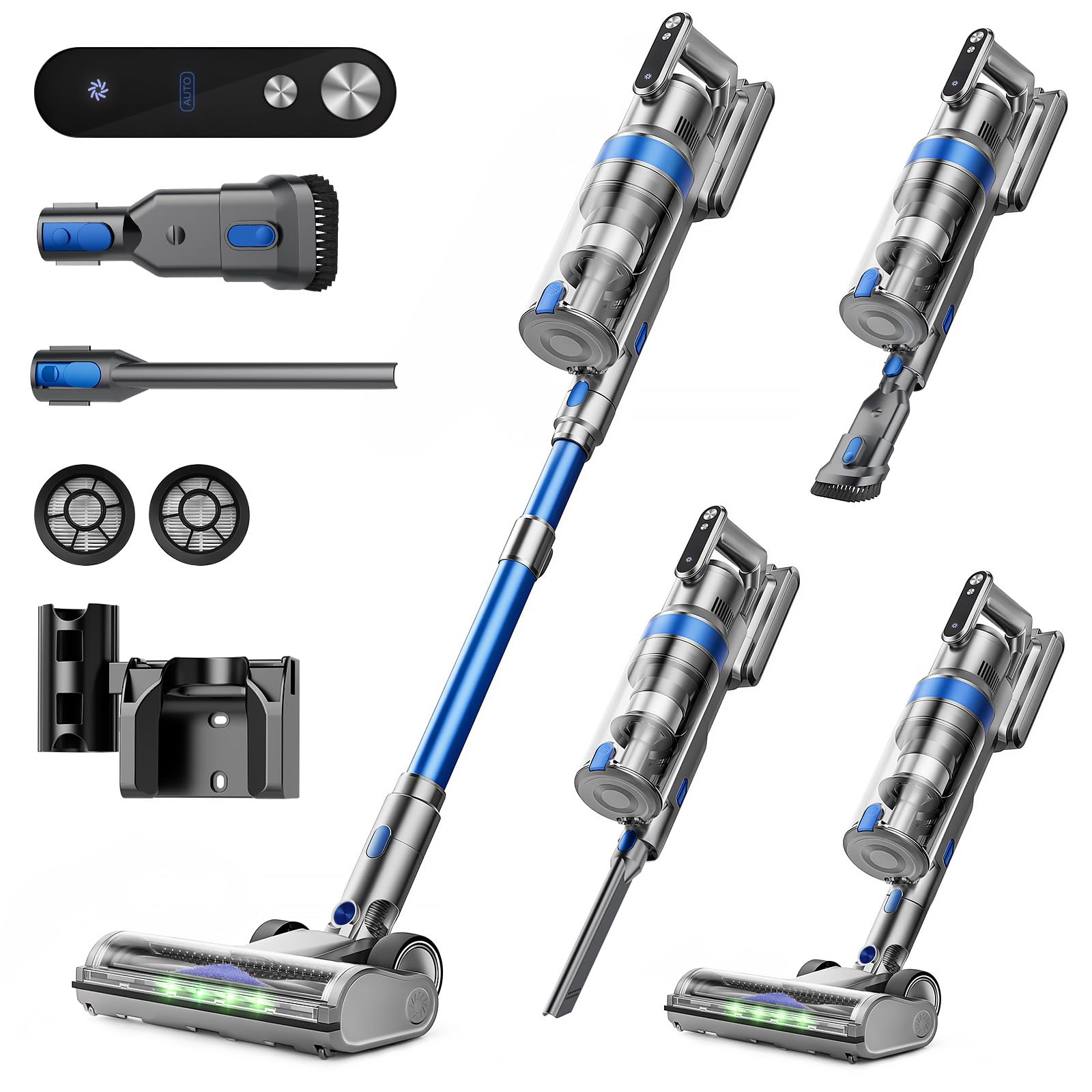 Aspirateur Balai sans Fil, 50Kpa/60Min Léger Aspirateur sans Fil, Auto-Stable, Brosse Anti-enchevêtrement, Écran LED Intelligent, pour Poils d'animaux, sols durs et Tapis,Bleu