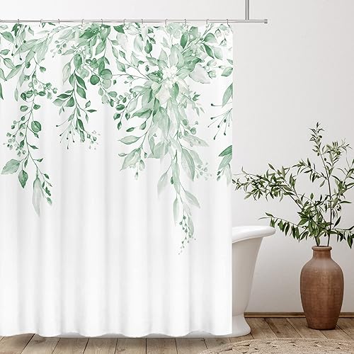 Vista 501 de Tititex - Juego de cortinas de ducha de eucalipto verde oliva, hojas de acuarela en la parte superior con decoración floral de baño, 60 x 72 Hojas