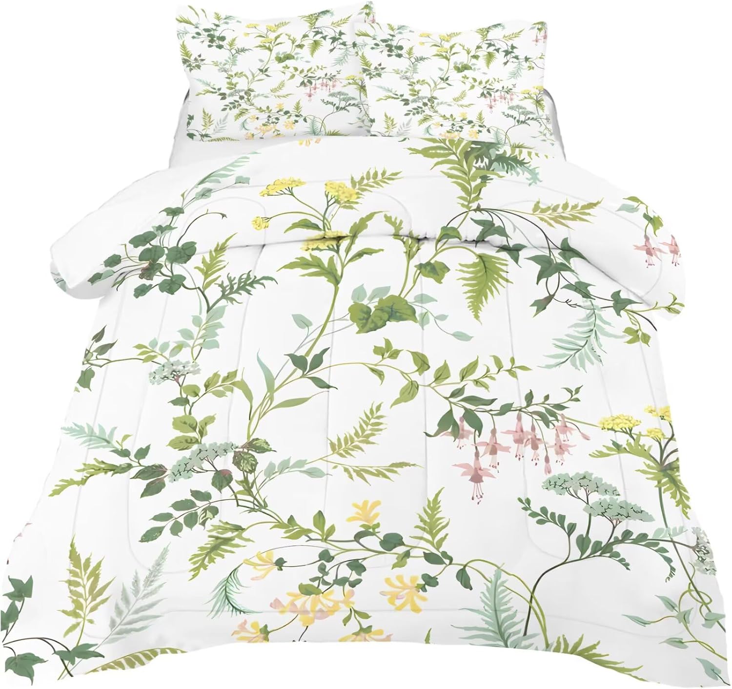 Green Comforter Set Queen Size Botanical Bedding Sets for Women Teens Girls Cottagecore Aesthetic Plants Flowers Quilt Bedroom Decor 1 Comforter 2 Pillowcases