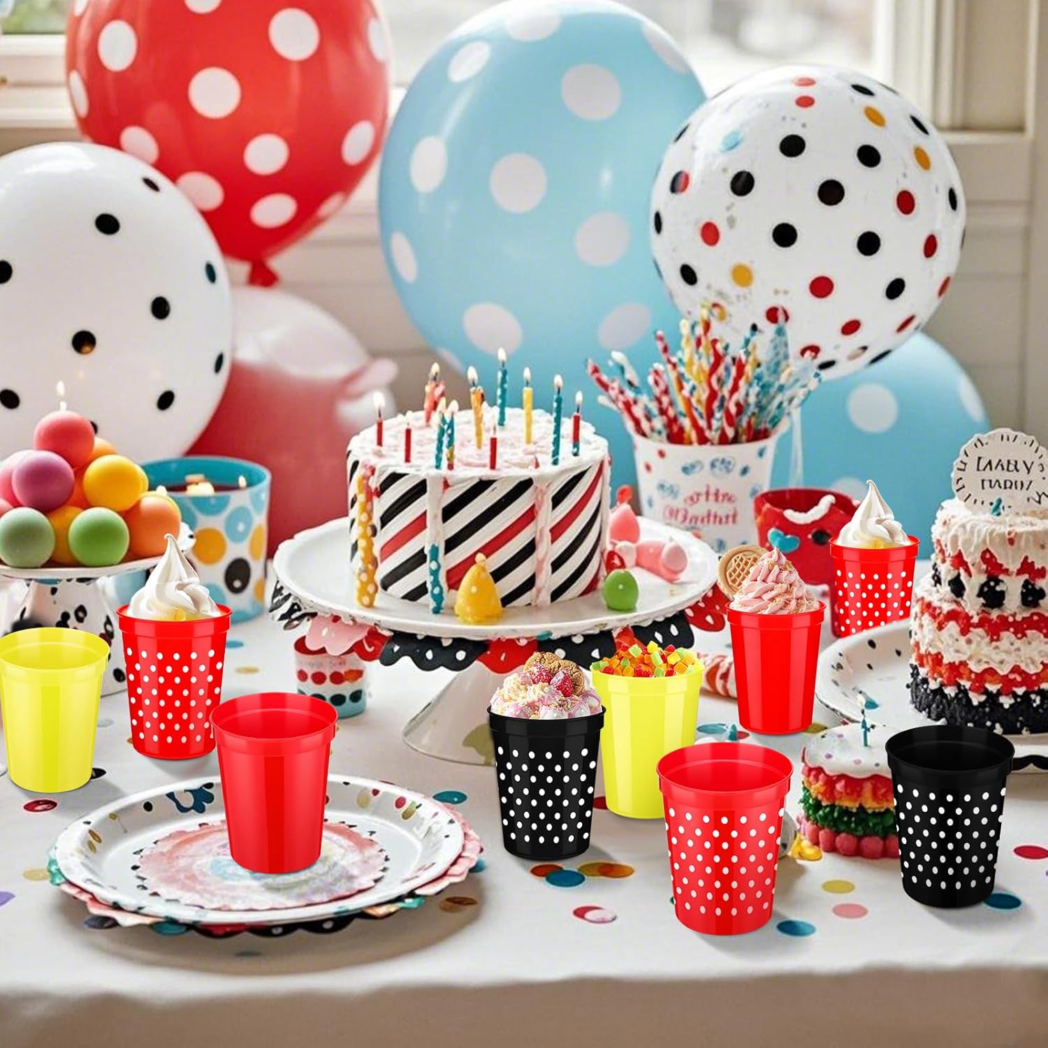 Yungyan 48 Pcs Cartoon Mouse Party Supplies 16 oz Plastic Cups Bulk Red Yellow White Black Polka Dots Pattern Printed Cups for Cartoon Mouse Theme Party Decorations