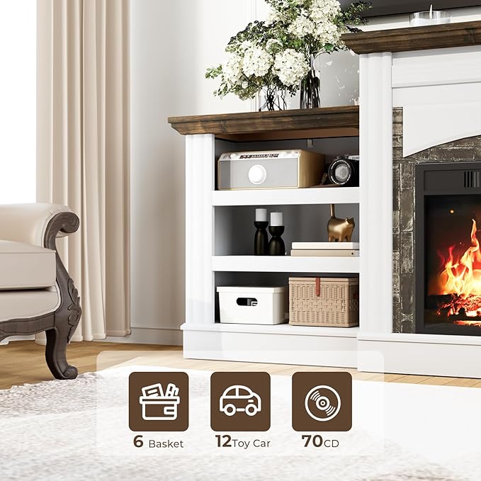 Chimenea eléctrica 72" con mueble TV y repisa, color blanco piedra miniatura 5