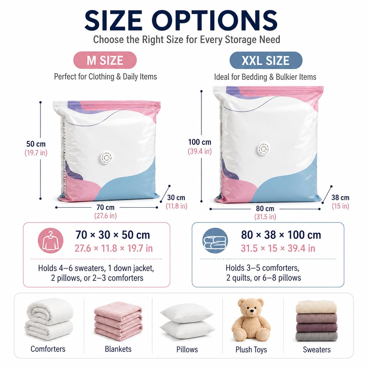 Bolsas De Almacenamiento De Vacío Sin Bomba, Bolsas de compresión herméticas, Organizador De Autocompresión De Ahorro De Espacio Para Ropa,Acogedores (6 unidades, 80 x 100 cm)