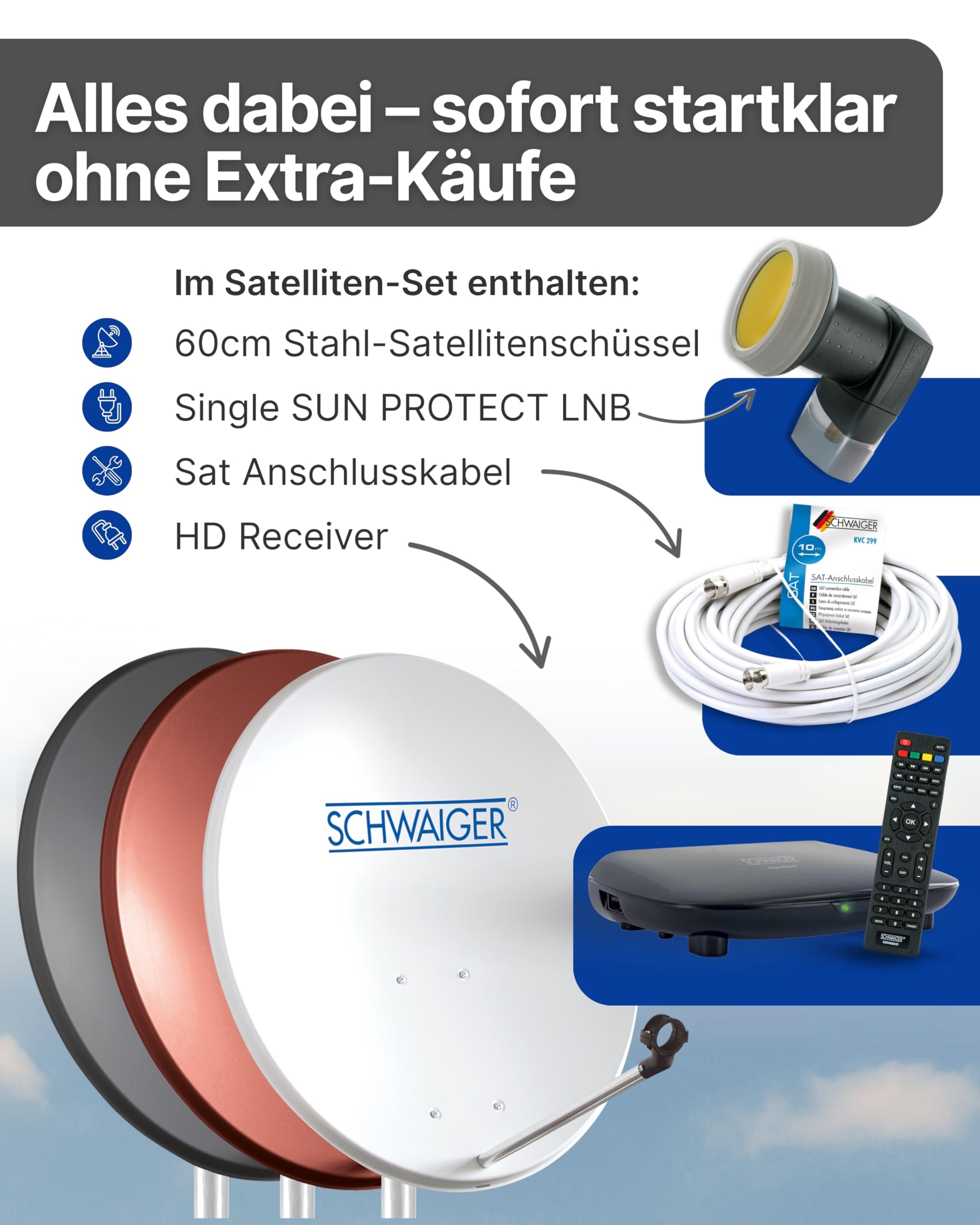 SCHWAIGER Satellitenschüssel Komplettset I Ø 60 cm Stahl Offset Antenne in anthrazit I Inkl. sonnengeschütztes Single LNB, HD SAT-Receiver mit Fernbedienung & Koaxialkabel I Digital HD Empfang
