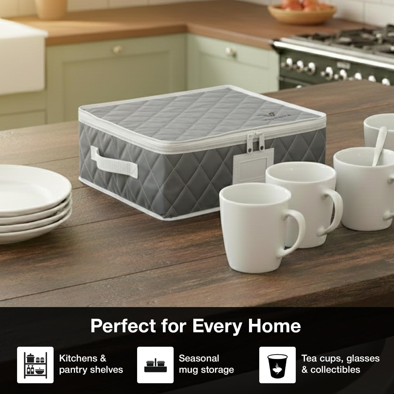 Mug Storage Organizer Set of 2 – 12 Compartment Cup Storage Boxes with Removable Dividers, Stackable Padded Linen & Oxford Fabric Holder with Lid for Coffee Mugs, Glassware & Teacups (Gray)