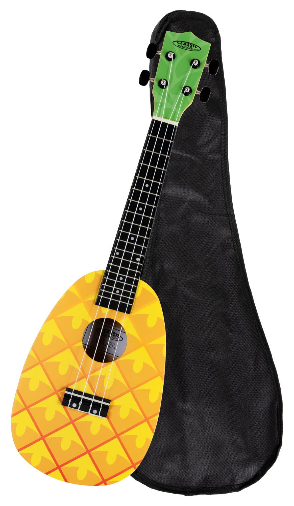 Classic Cantabile UC-240A ANA Ukulele Concerto 24" Pineapple, 18 tasti, mensola 38 cm, corde nylon, design ananas con stampa artistica, paletta verde, custodia imbottita inclusa, giallo.