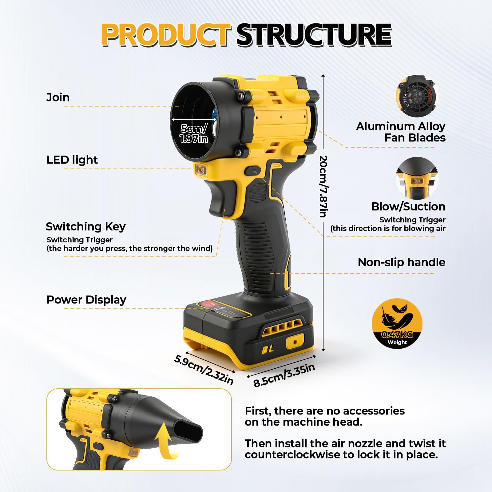 Soplador y aspiradora inalámbricos 2 en 1 compatibles batería Dewalt 18V, soplador aire sin escobillas 150 W/aspiradora aire comprimido con 5 boquillas para automóviles talleres teclados (sin batería)