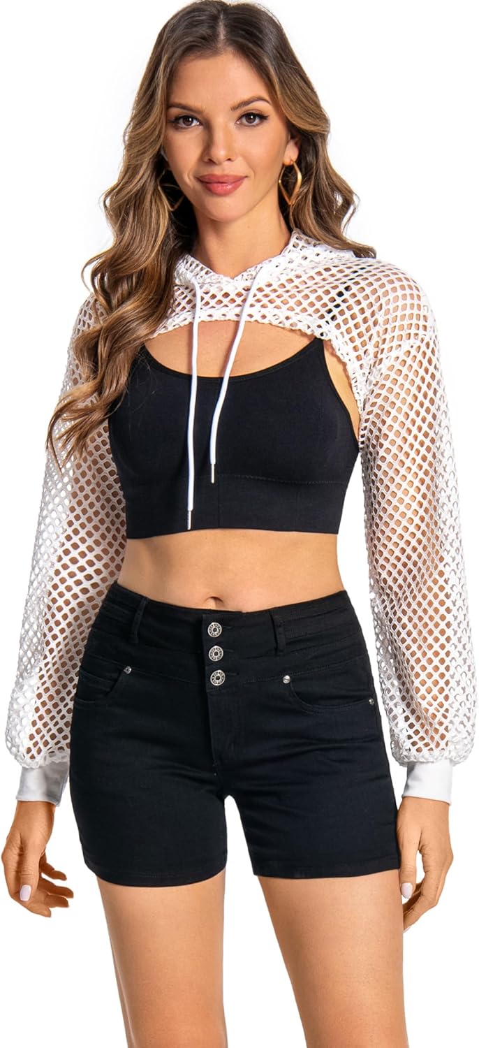 Women Mesh Crop Top Hoodie Fishnet See Through Long Sleeve Shirt Sheer Blouse for Club Party - Image 8