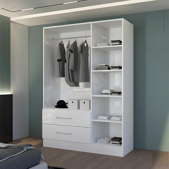 MN Furniture High Gloss 3 Door Hinged Wardrobe with Mirror, Drawers Shelves & Hanging Rail, Freestanding Bedroom Storage (White, 120cm)