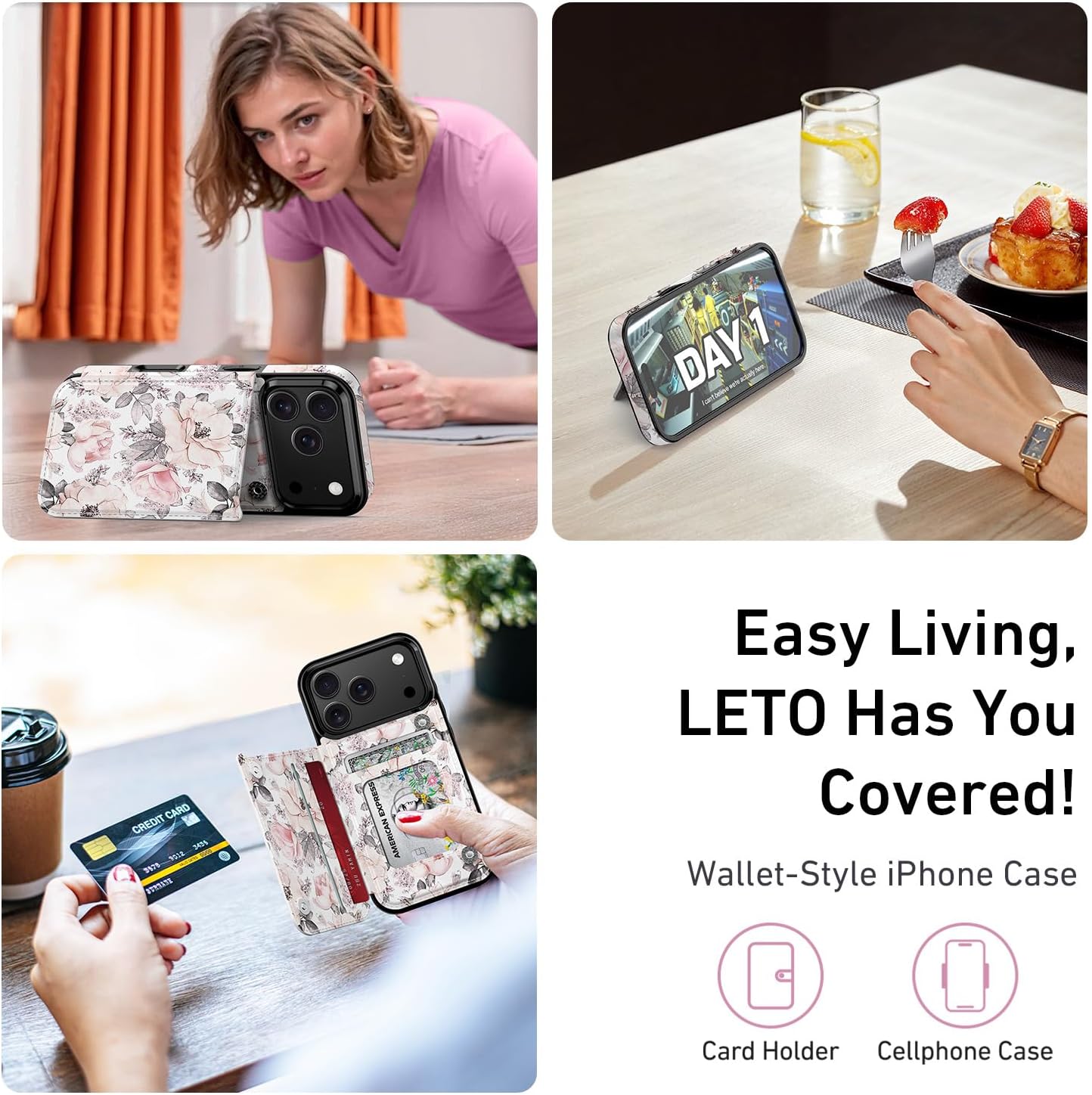 LETO for iPhone 17 Pro Wallet Case with Card Holder - Flip Folio Leather Kickstand - Fashionable Flower Designs - Shockproof Protective Phone Cover for Women and Girls - Champagne Flowers - Image 6