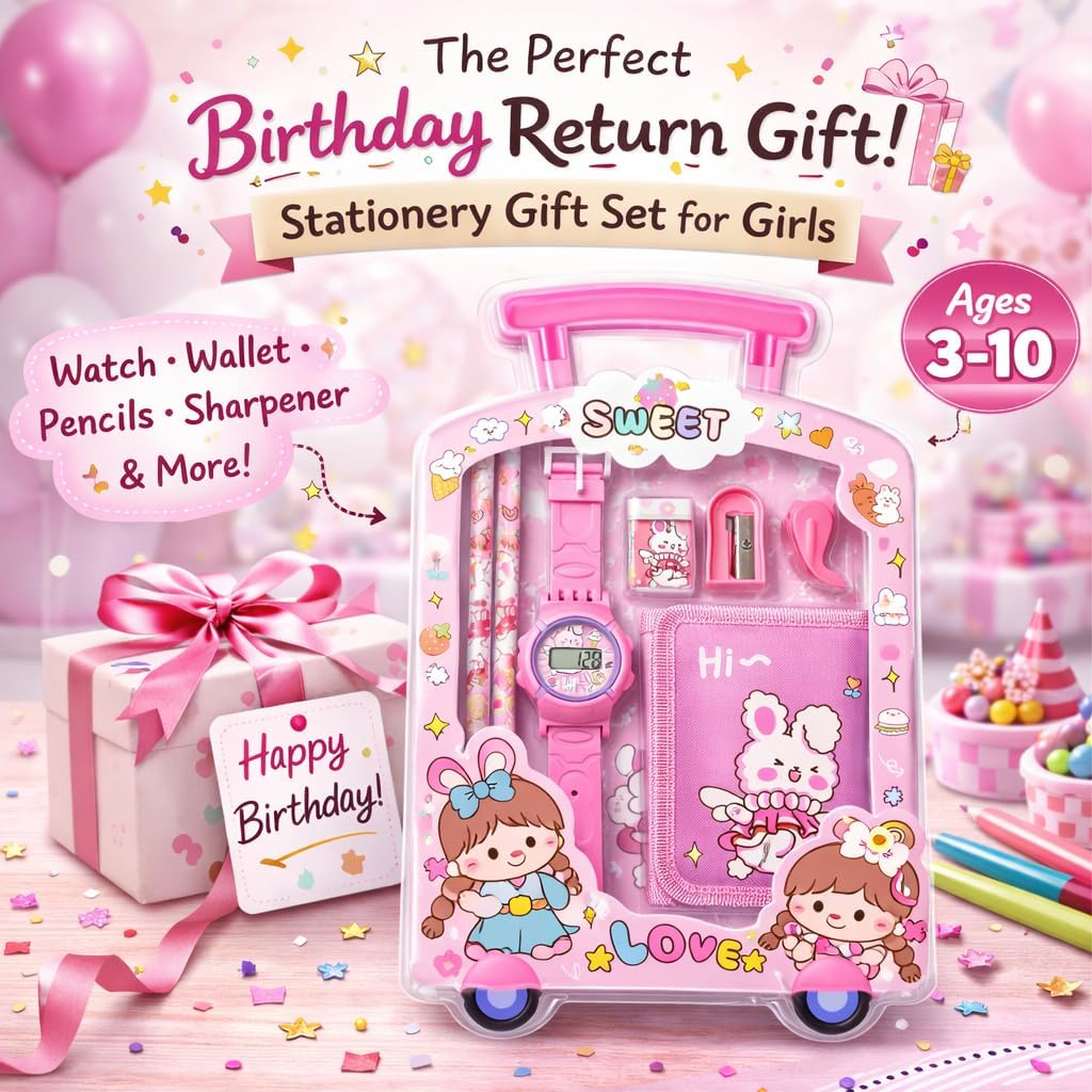 Kids Stationery Gift Set with Watch & Pouch | Cute Travel Kit for Boys & Girls | Pencil, Eraser, Sharpener, Wallet Combo, Multicolor, Standard, Sweet Bunny