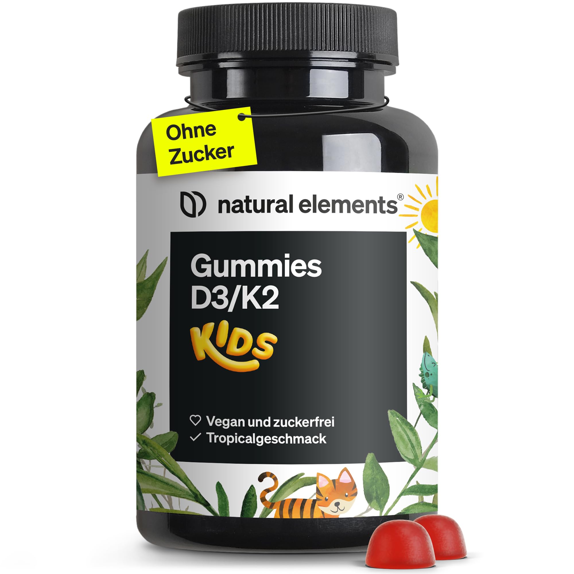 natural elements Vitamin D3 K2 Gummies KIDS – 120 fruchtige Gummies – vegan, zuckerfrei – Tropicalgeschmack – Markenrohstoff K2VITAL® – optimale Dosierung für Kinder – laborgeprüfte Qualität