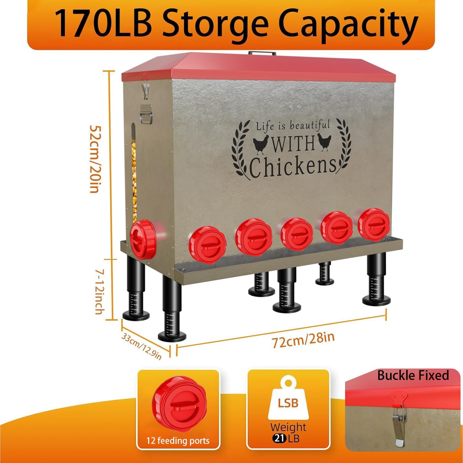 170 lb automatic large capacity chicken feeder with sturdy adjustable support rod 12 feeding ports - anti waste design durable poultry feeder for backyard farms, chicken coops & poultry