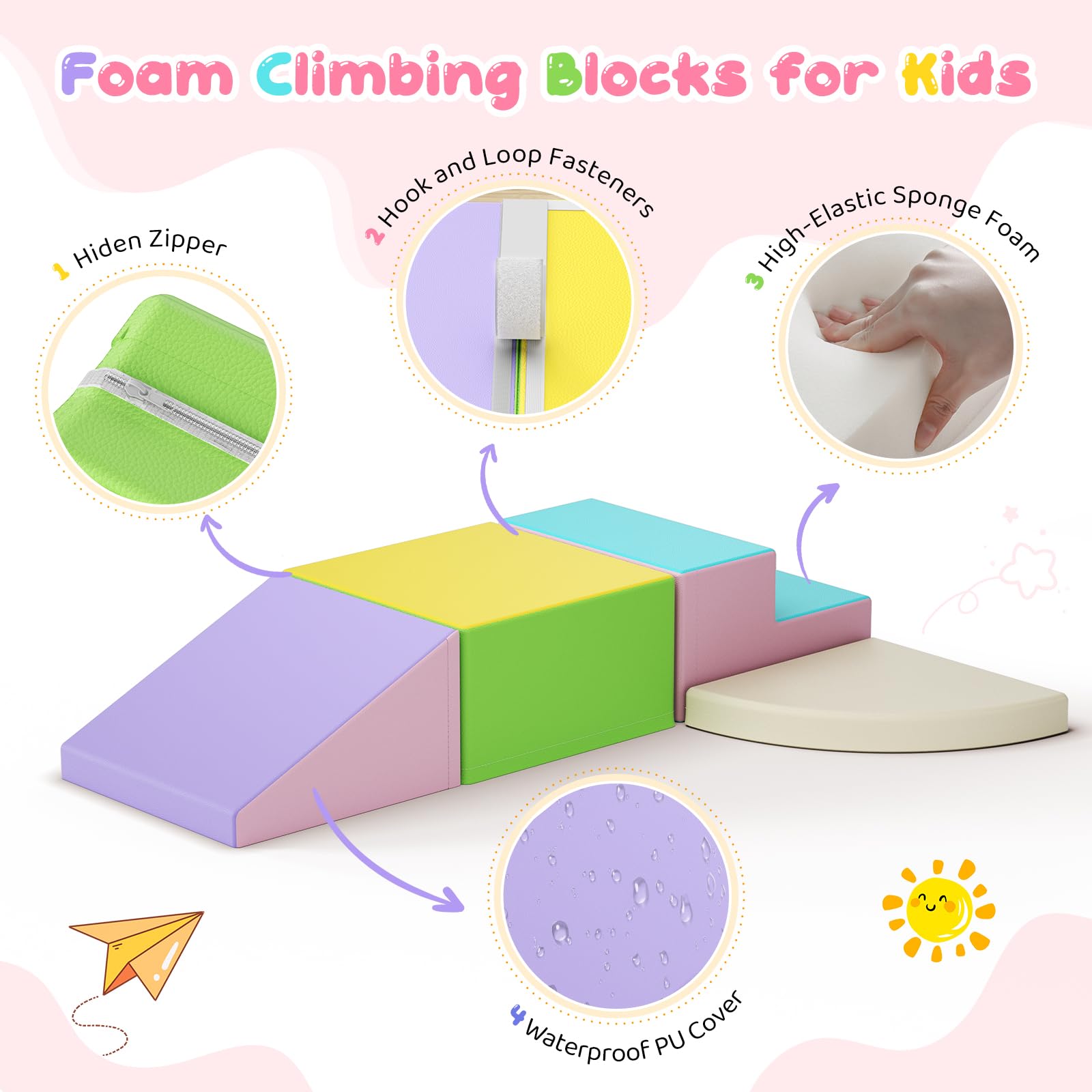 Bloques de escalada de espuma de 4 piezas, bloques blandos de colores macarón con cierre de velcro, juguete combinable para niños pequeños en interiores y guarderías