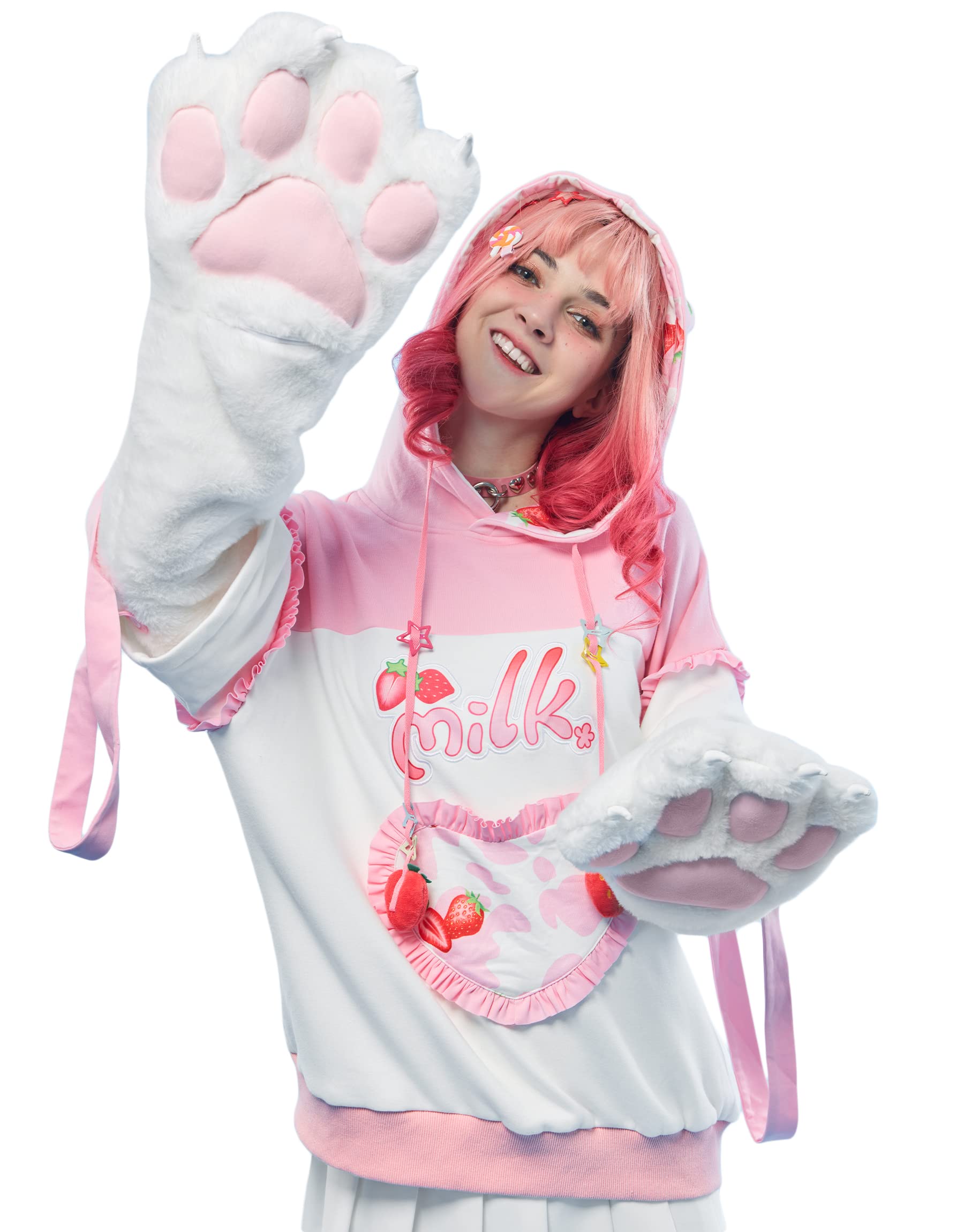 MicotakuWomens Pullover Hoodie with Detachable Bag Design Furry Cat Paw Gloves Strawberry Milk Cat Style